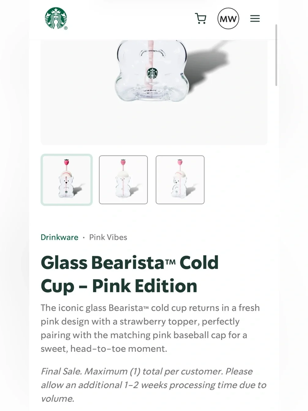 New! Starbucks Pink Vibes Strawberry Glass Bearista Bear Cup!